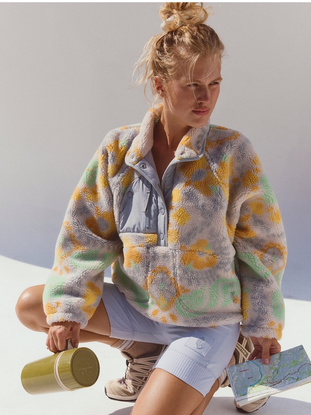 Free People FP Movement Hit The Slopes Printed Fleece Pullover In Lily Pad Combo